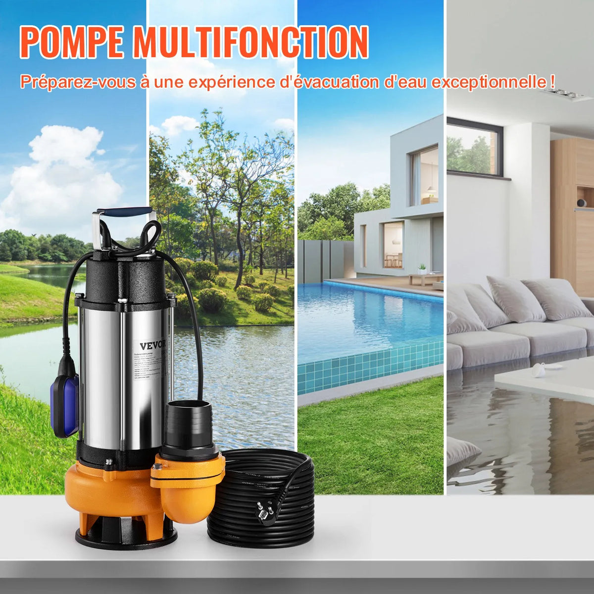 VEVOR Submersible Water Pump 2200 W, Flow up to 60,000 l/h, with 8 m Cable and Automatic Float Switch, Stainless Steel Housing, Suitable for Clean and Dirty Water, Flooded Areas, Garden Ponds, Pools and Hot Tubs Drainage