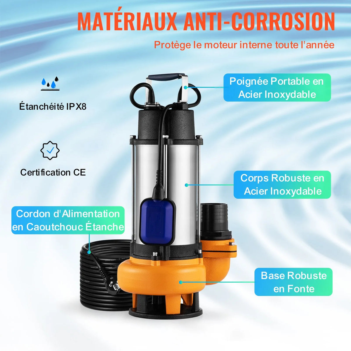 VEVOR Submersible Water Pump 2200 W, Flow up to 60,000 l/h, with 8 m Cable and Automatic Float Switch, Stainless Steel Housing, Suitable for Clean and Dirty Water, Flooded Areas, Garden Ponds, Pools and Hot Tubs Drainage