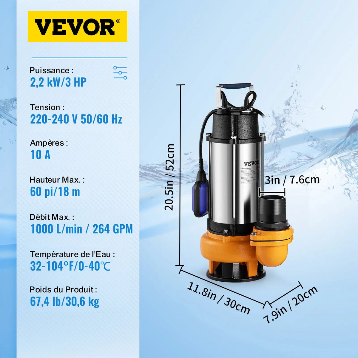 VEVOR Submersible Water Pump 2200 W, Flow up to 60,000 l/h, with 8 m Cable and Automatic Float Switch, Stainless Steel Housing, Suitable for Clean and Dirty Water, Flooded Areas, Garden Ponds, Pools and Hot Tubs Drainage
