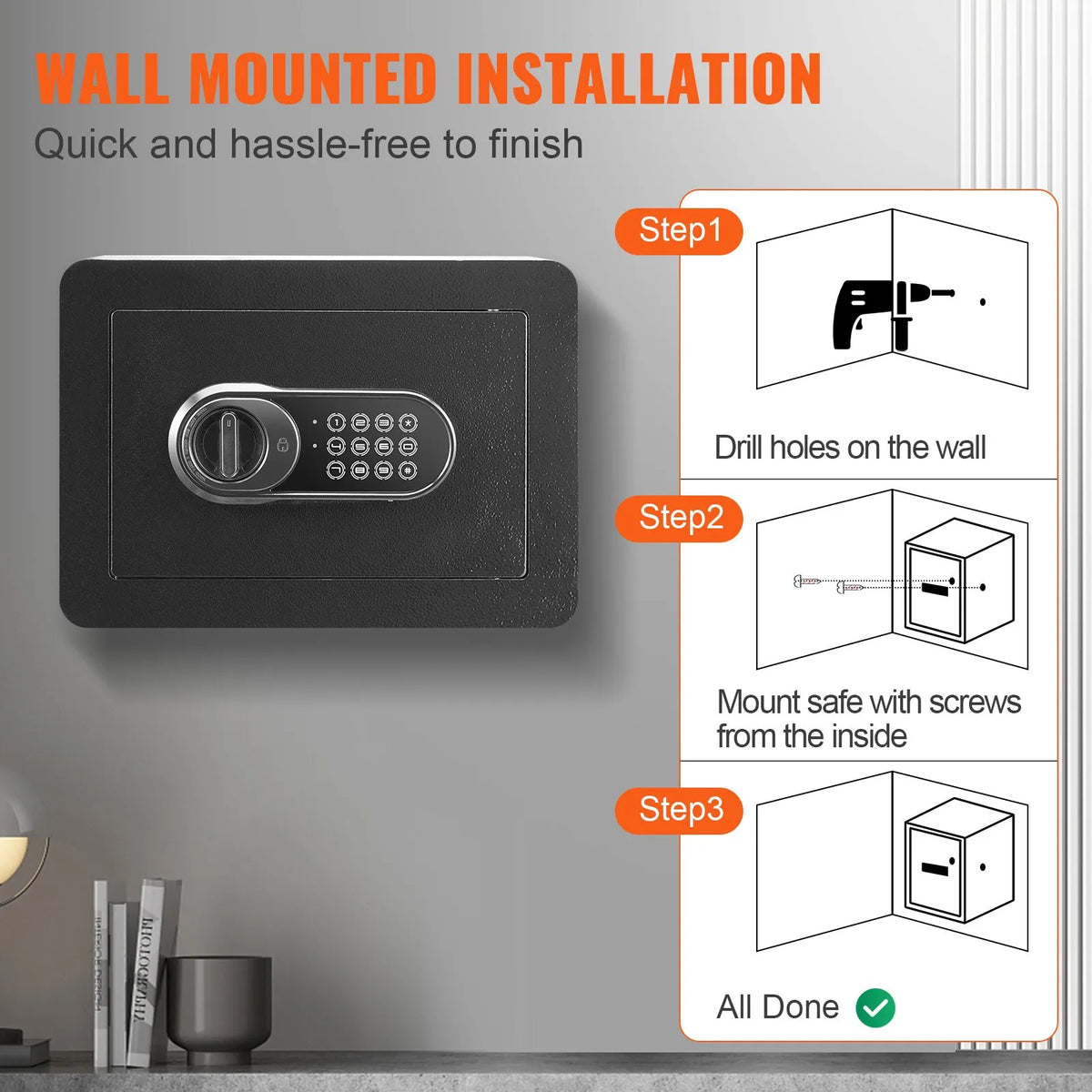 VEVOR Safe, 14.2 L Home Safe, Steel Security Safe with Digital Keypad and 2 Keys, Wall-Mounted Cabinet Safe for Cash, Gold, Jewellery and Documents for Home or Hotel, 35.1 × 24.9 × 24.9 cm