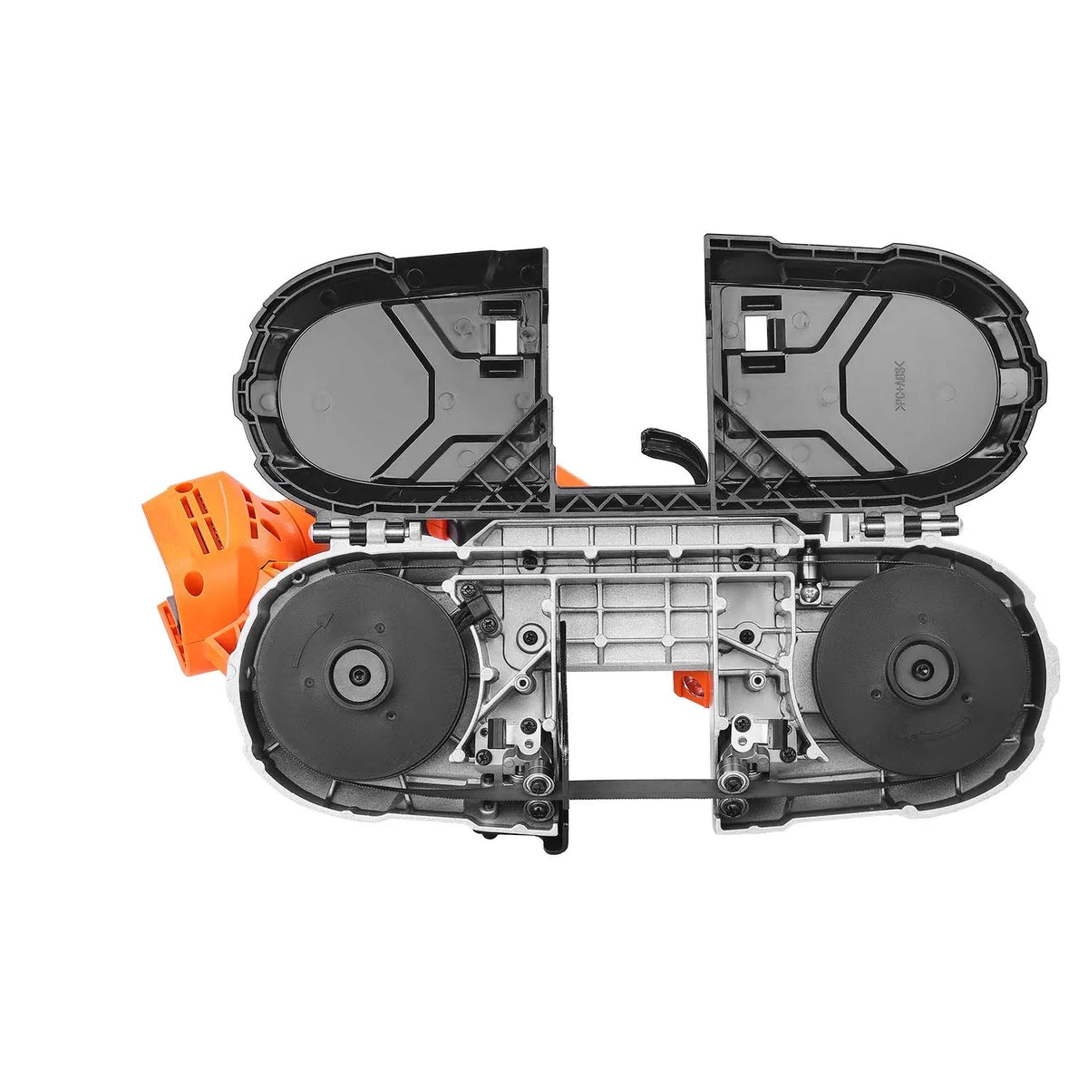 VEVOR portatīvais lentzāģis, griešanas dziļums 65 × 65 mm, 360 W bezsuku motors, kompakts bezvadu portatīvais lentzāģis ar integrētiem piekāršanas āķiem un regulējamu ātrumu 0–192 m/min, paredzēts metāla un koka griešanai, bez akumulatora un lādētāja - ZEMLETES.LV