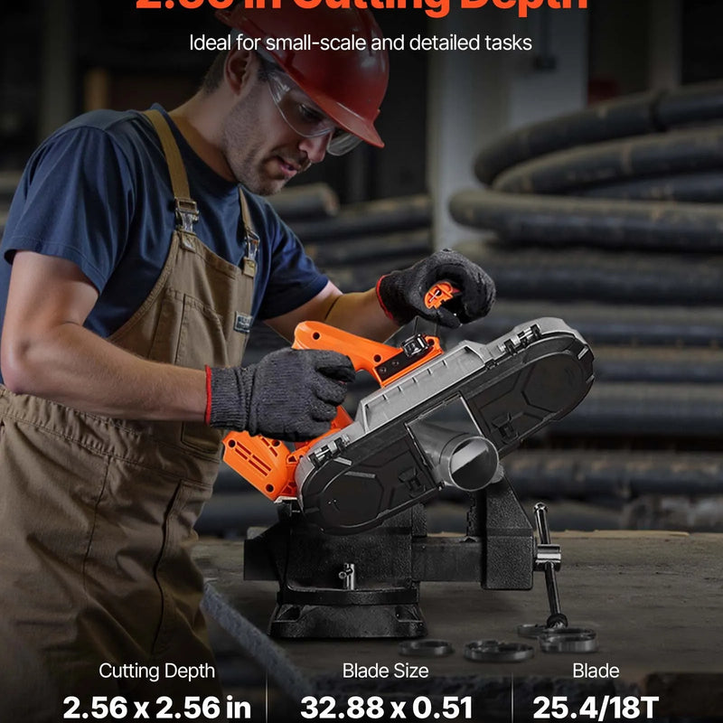 VEVOR portatīvais lentzāģis, griešanas dziļums 65 × 65 mm, 360 W bezsuku motors, kompakts bezvadu portatīvais lentzāģis ar integrētiem piekāršanas āķiem un regulējamu ātrumu 0–192 m/min, paredzēts metāla un koka griešanai, bez akumulatora un lādētāja