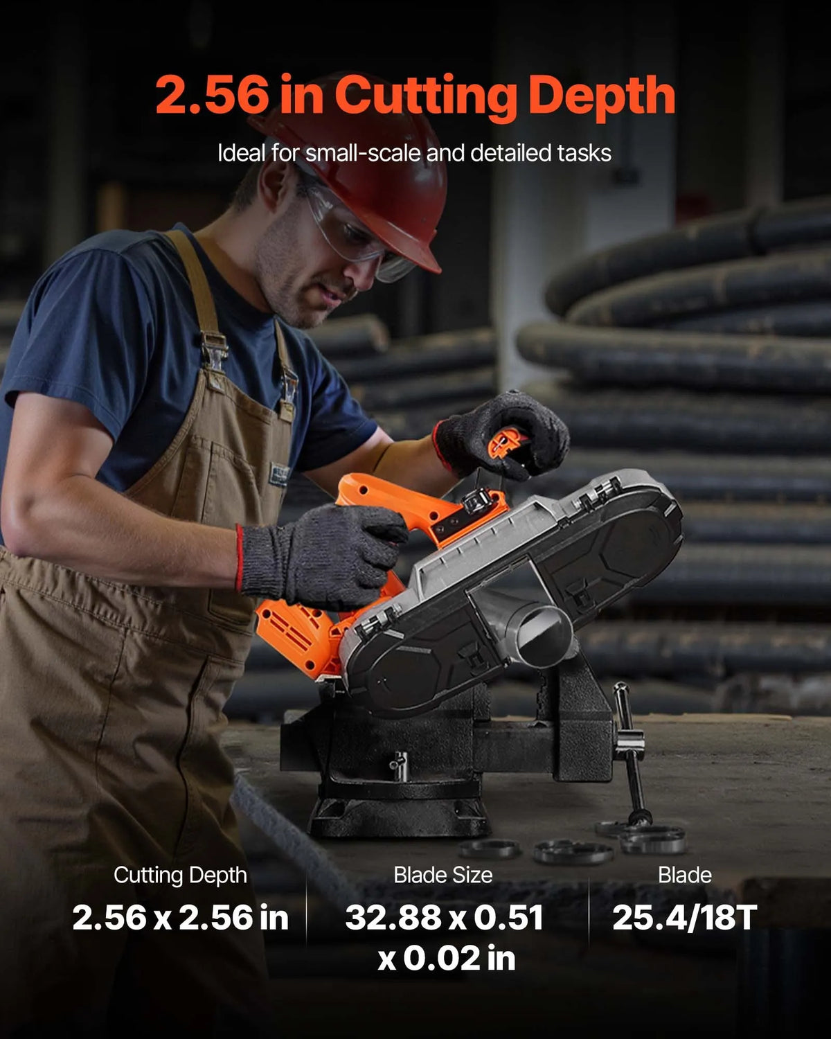 VEVOR portatīvais lentzāģis, griešanas dziļums 65 × 65 mm, 360 W bezsuku motors, kompakts bezvadu portatīvais lentzāģis ar integrētiem piekāršanas āķiem un regulējamu ātrumu 0–192 m/min, paredzēts metāla un koka griešanai, bez akumulatora un lādētāja - ZEMLETES.LV