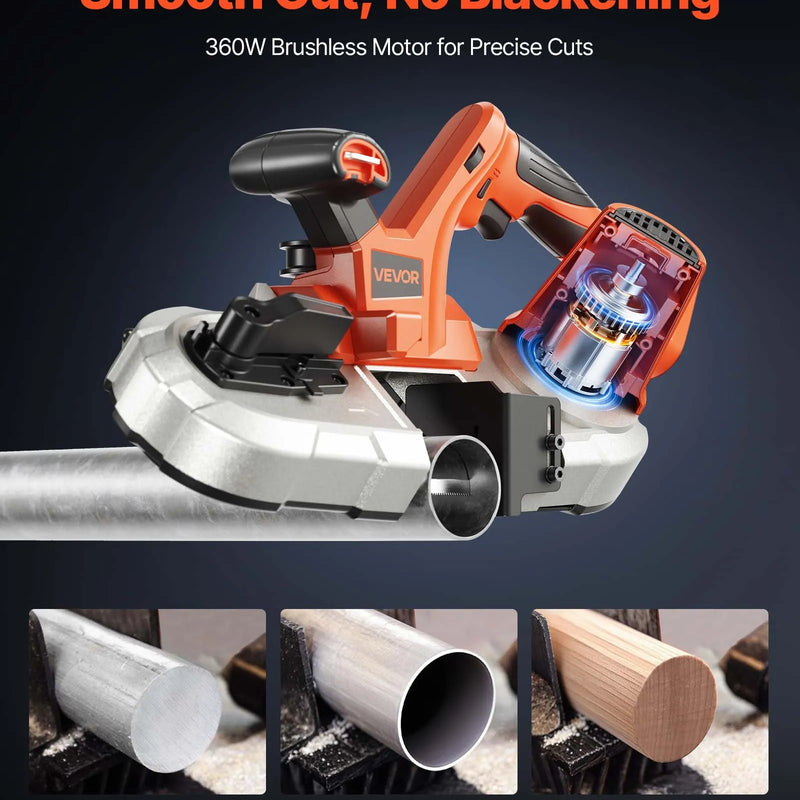 VEVOR portatīvais lentzāģis, griešanas dziļums 65 × 65 mm, 360 W bezsuku motors, kompakts bezvadu portatīvais lentzāģis ar integrētiem piekāršanas āķiem un regulējamu ātrumu 0–192 m/min, paredzēts metāla un koka griešanai, bez akumulatora un lādētāja