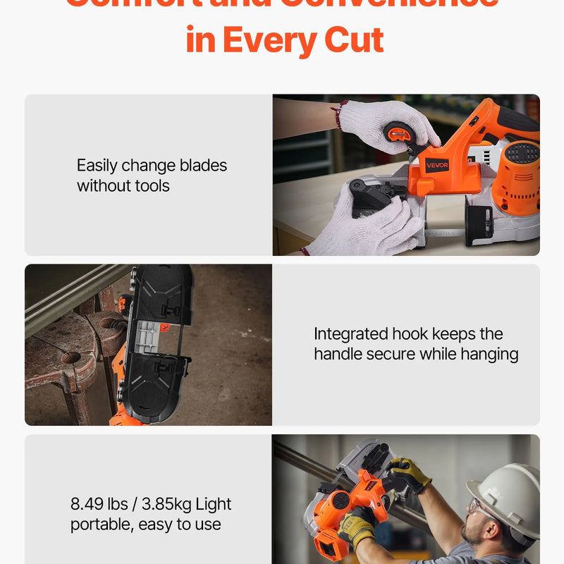 VEVOR portatīvais lentzāģis, griešanas dziļums 65 × 65 mm, 360 W bezsuku motors, kompakts bezvadu portatīvais lentzāģis ar integrētiem piekāršanas āķiem un regulējamu ātrumu 0–192 m/min, paredzēts metāla un koka griešanai, bez akumulatora un lādētāja