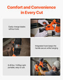 VEVOR portatīvais lentzāģis, griešanas dziļums 65 × 65 mm, 360 W bezsuku motors, kompakts bezvadu portatīvais lentzāģis ar integrētiem piekāršanas āķiem un regulējamu ātrumu 0–192 m/min, paredzēts metāla un koka griešanai, bez akumulatora un lādētāja