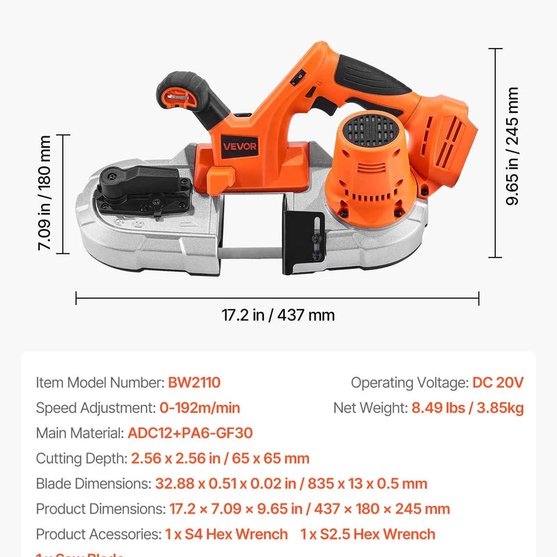 VEVOR portatīvais lentzāģis, griešanas dziļums 65 × 65 mm, 360 W bezsuku motors, kompakts bezvadu portatīvais lentzāģis ar integrētiem piekāršanas āķiem un regulējamu ātrumu 0–192 m/min, paredzēts metāla un koka griešanai, bez akumulatora un lādētāja