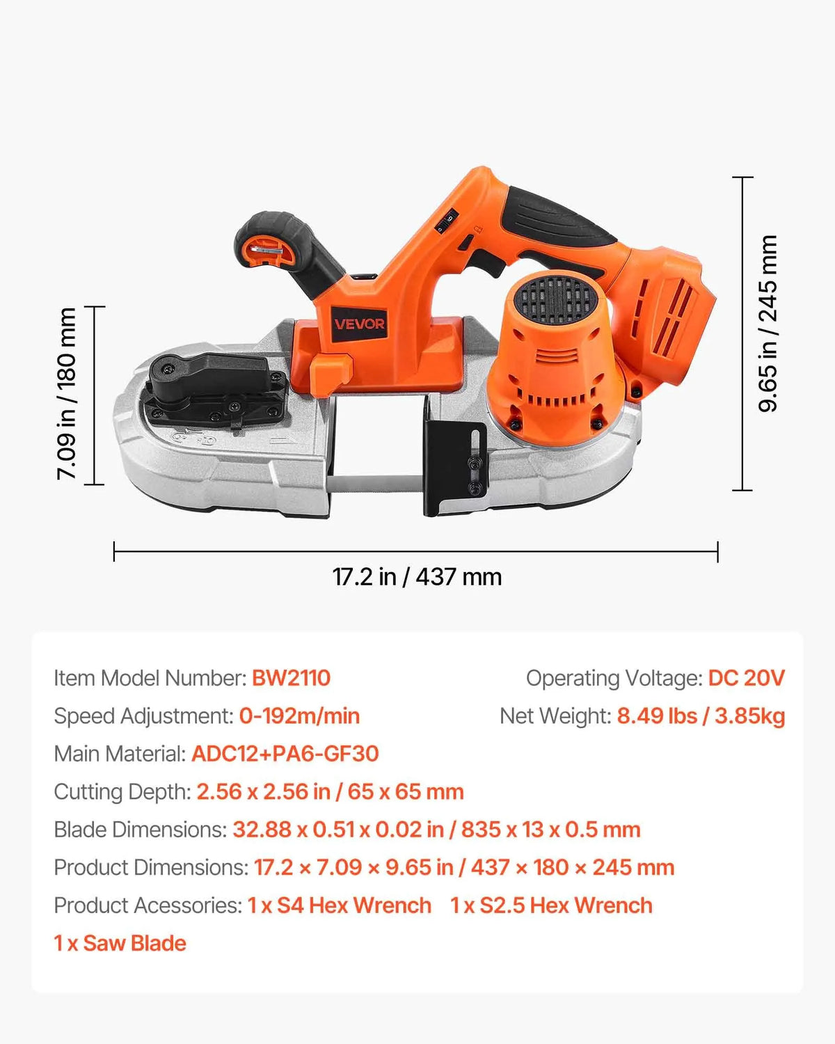 VEVOR portatīvais lentzāģis, griešanas dziļums 65 × 65 mm, 360 W bezsuku motors, kompakts bezvadu portatīvais lentzāģis ar integrētiem piekāršanas āķiem un regulējamu ātrumu 0–192 m/min, paredzēts metāla un koka griešanai, bez akumulatora un lādētāja - ZEMLETES.LV