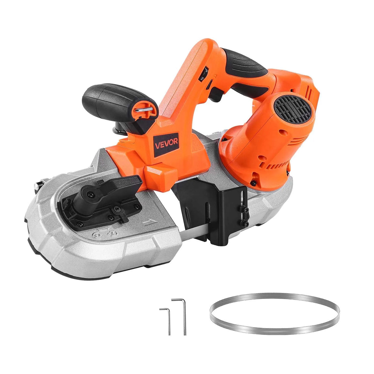 VEVOR portatīvais lentzāģis, griešanas dziļums 65 × 65 mm, 360 W bezsuku motors, kompakts bezvadu portatīvais lentzāģis ar integrētiem piekāršanas āķiem un regulējamu ātrumu 0–192 m/min, paredzēts metāla un koka griešanai, bez akumulatora un lādētāja - ZEMLETES.LV