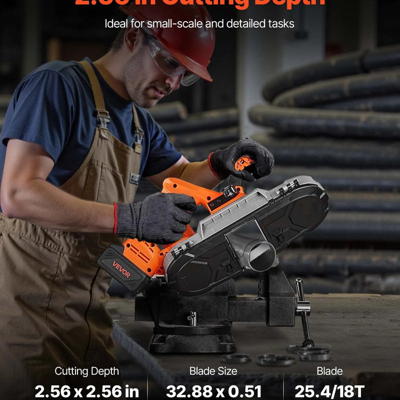 VEVOR 20 V portatīvā lentzāģa komplekts, griešanas dziļums 65 × 65 mm, 360 W bezsuku motors, 4,0 Ah akumulators, kompakts bezvadu portatīvais lentzāģis ar regulējamu ātrumu 0–192 m/min, paredzēts metāla un koka griešanai