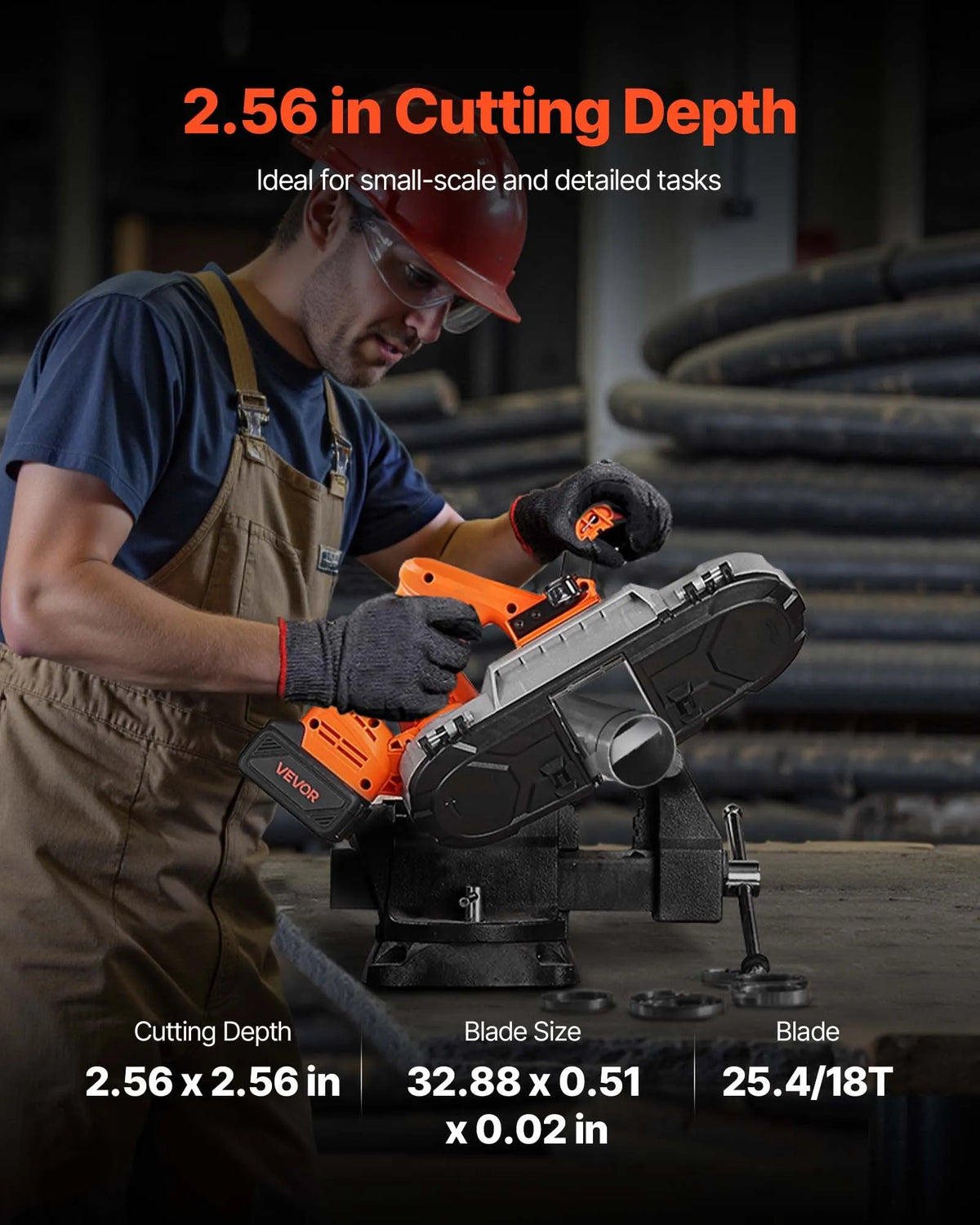 VEVOR 20 V portatīvā lentzāģa komplekts, griešanas dziļums 65 × 65 mm, 360 W bezsuku motors, 4,0 Ah akumulators, kompakts bezvadu portatīvais lentzāģis ar regulējamu ātrumu 0–192 m/min, paredzēts metāla un koka griešanai - ZEMLETES.LV