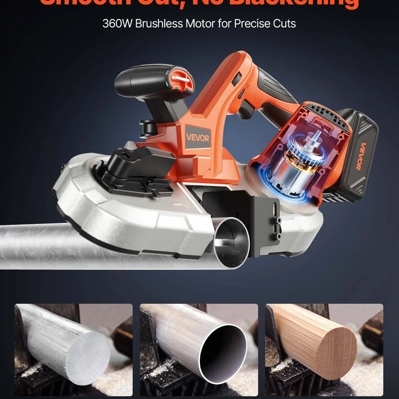 VEVOR 20 V portatīvā lentzāģa komplekts, griešanas dziļums 65 × 65 mm, 360 W bezsuku motors, 4,0 Ah akumulators, kompakts bezvadu portatīvais lentzāģis ar regulējamu ātrumu 0–192 m/min, paredzēts metāla un koka griešanai