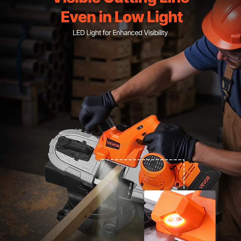 VEVOR 20 V portatīvā lentzāģa komplekts, griešanas dziļums 65 × 65 mm, 360 W bezsuku motors, 4,0 Ah akumulators, kompakts bezvadu portatīvais lentzāģis ar regulējamu ātrumu 0–192 m/min, paredzēts metāla un koka griešanai