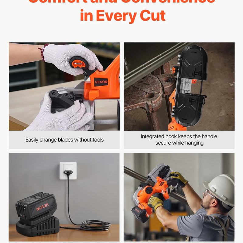 VEVOR 20 V portatīvā lentzāģa komplekts, griešanas dziļums 65 × 65 mm, 360 W bezsuku motors, 4,0 Ah akumulators, kompakts bezvadu portatīvais lentzāģis ar regulējamu ātrumu 0–192 m/min, paredzēts metāla un koka griešanai