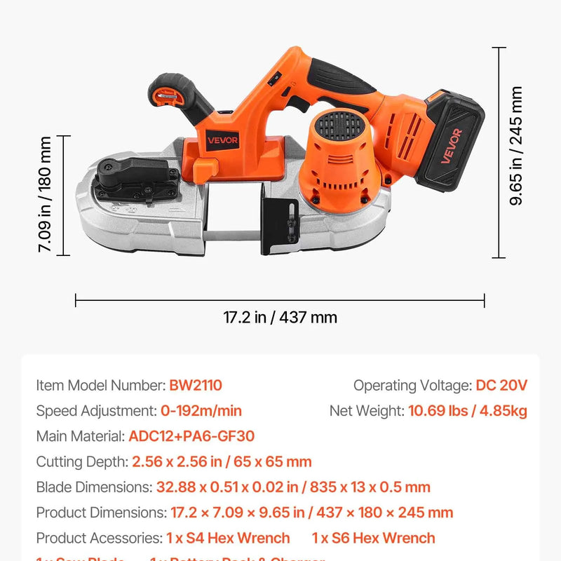 VEVOR 20 V portatīvā lentzāģa komplekts, griešanas dziļums 65 × 65 mm, 360 W bezsuku motors, 4,0 Ah akumulators, kompakts bezvadu portatīvais lentzāģis ar regulējamu ātrumu 0–192 m/min, paredzēts metāla un koka griešanai