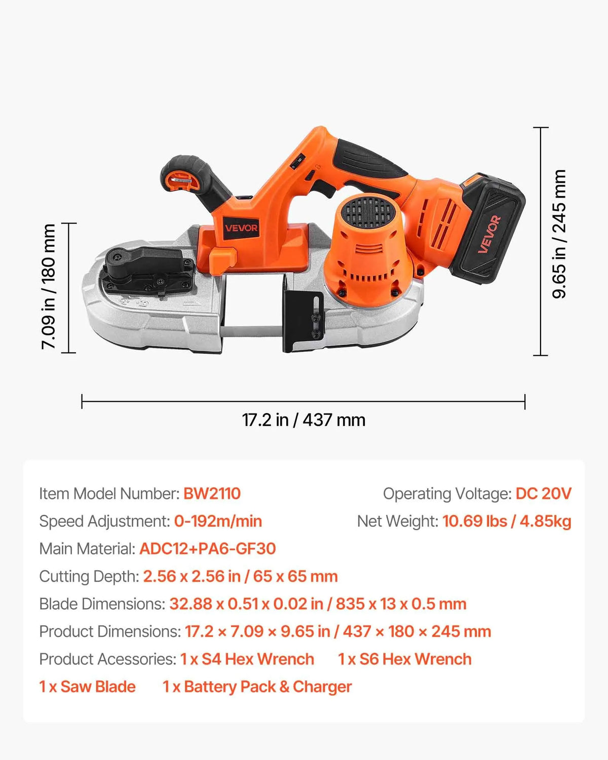 VEVOR 20 V portatīvā lentzāģa komplekts, griešanas dziļums 65 × 65 mm, 360 W bezsuku motors, 4,0 Ah akumulators, kompakts bezvadu portatīvais lentzāģis ar regulējamu ātrumu 0–192 m/min, paredzēts metāla un koka griešanai - ZEMLETES.LV