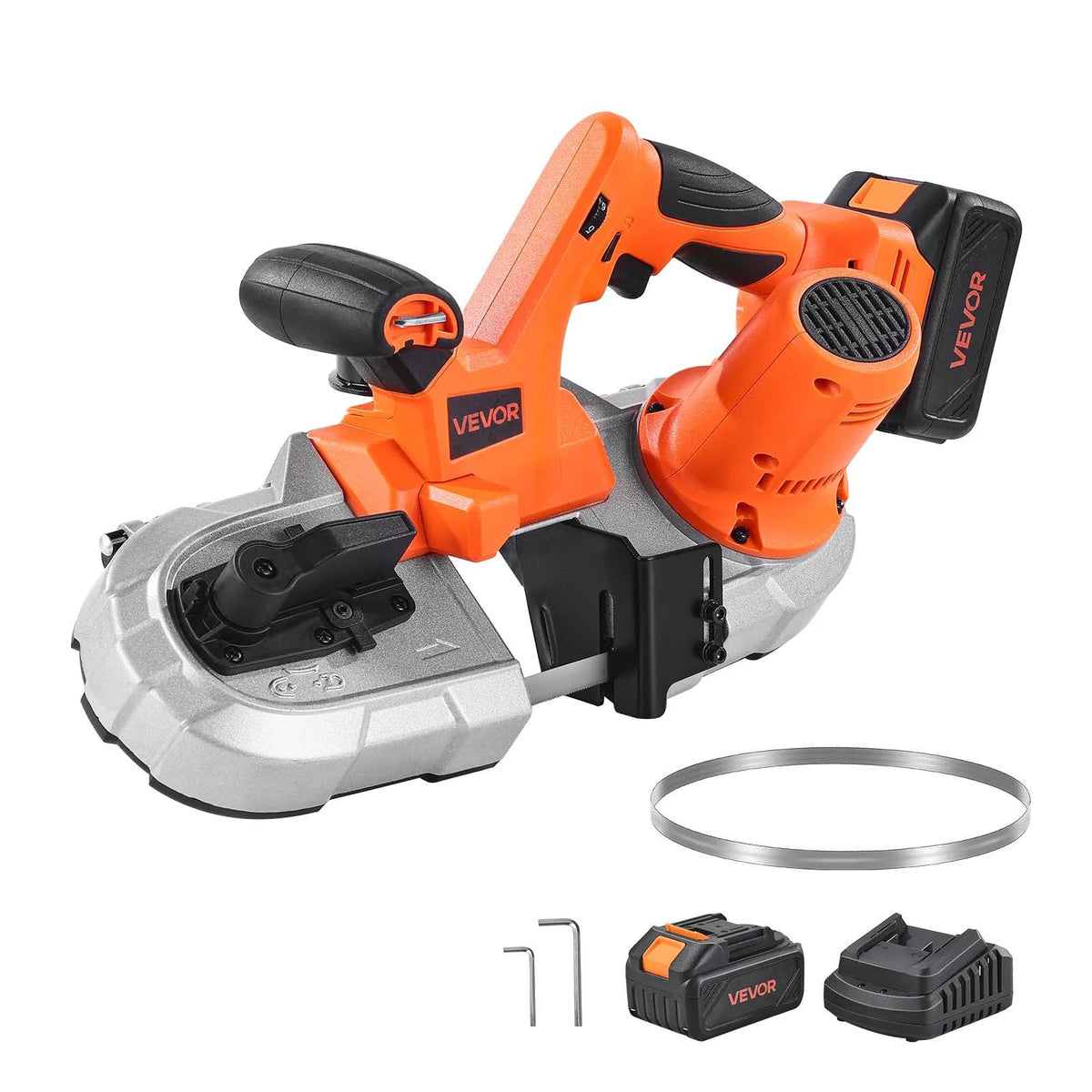 VEVOR 20 V portatīvā lentzāģa komplekts, griešanas dziļums 65 × 65 mm, 360 W bezsuku motors, 4,0 Ah akumulators, kompakts bezvadu portatīvais lentzāģis ar regulējamu ātrumu 0–192 m/min, paredzēts metāla un koka griešanai - ZEMLETES.LV