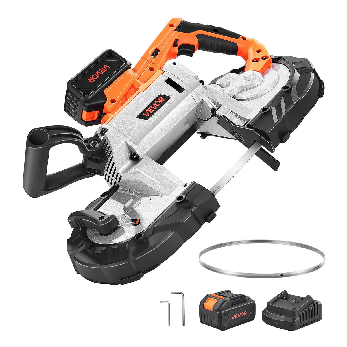 VEVOR 20 V portatīvā lentzāģa komplekts, griešanas dziļums 127 × 115 mm, 360 W bezsuku motors, 4,0 Ah akumulators, kompakts bezvadu portatīvais lentzāģis ar regulējamu ātrumu 0–120 m/min, paredzēts metāla un koka griešanai - ZEMLETES.LV