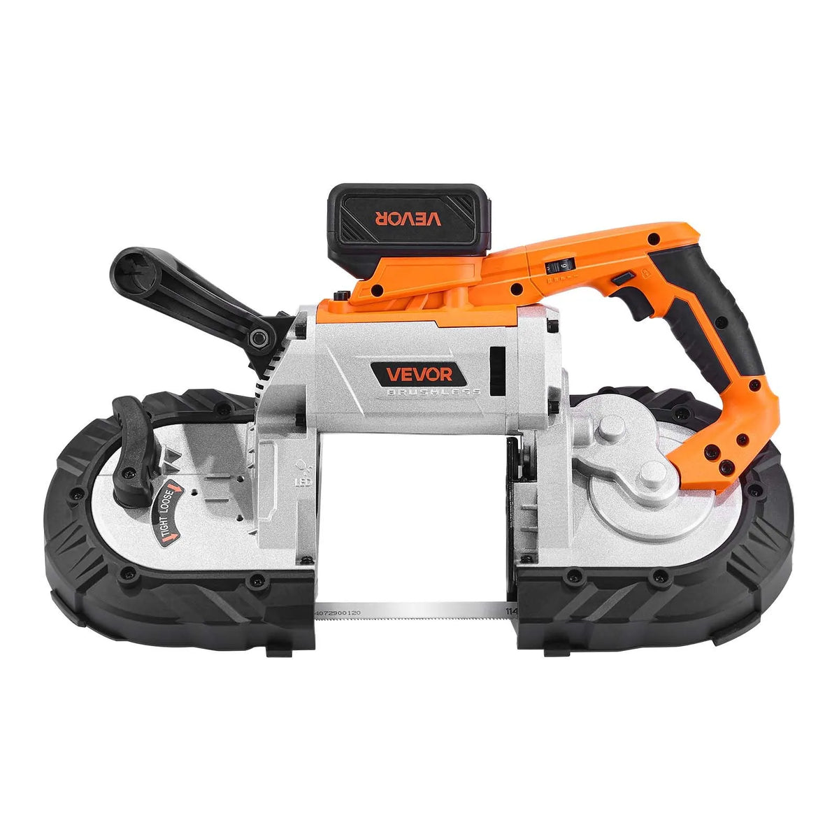 VEVOR 20 V portatīvā lentzāģa komplekts, griešanas dziļums 127 × 115 mm, 360 W bezsuku motors, 4,0 Ah akumulators, kompakts bezvadu portatīvais lentzāģis ar regulējamu ātrumu 0–120 m/min, paredzēts metāla un koka griešanai - ZEMLETES.LV