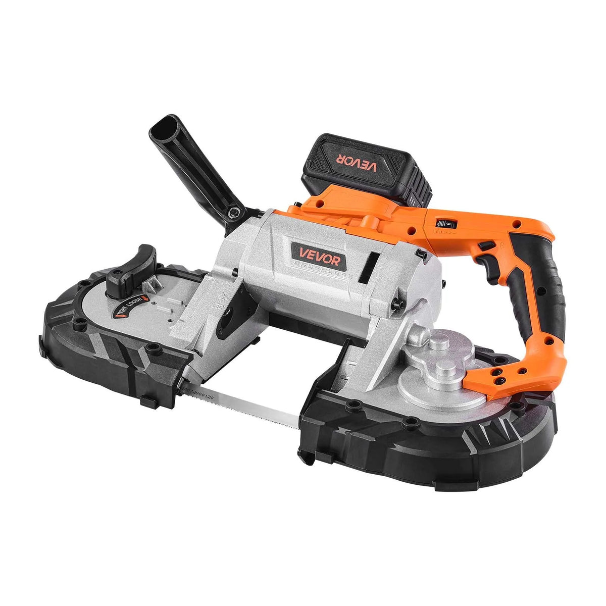 VEVOR 20 V portatīvā lentzāģa komplekts, griešanas dziļums 127 × 115 mm, 360 W bezsuku motors, 4,0 Ah akumulators, kompakts bezvadu portatīvais lentzāģis ar regulējamu ātrumu 0–120 m/min, paredzēts metāla un koka griešanai - ZEMLETES.LV