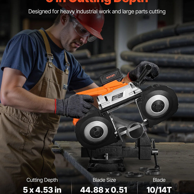 VEVOR 20 V portatīvā lentzāģa komplekts, griešanas dziļums 127 × 115 mm, 360 W bezsuku motors, 4,0 Ah akumulators, kompakts bezvadu portatīvais lentzāģis ar regulējamu ātrumu 0–120 m/min, paredzēts metāla un koka griešanai