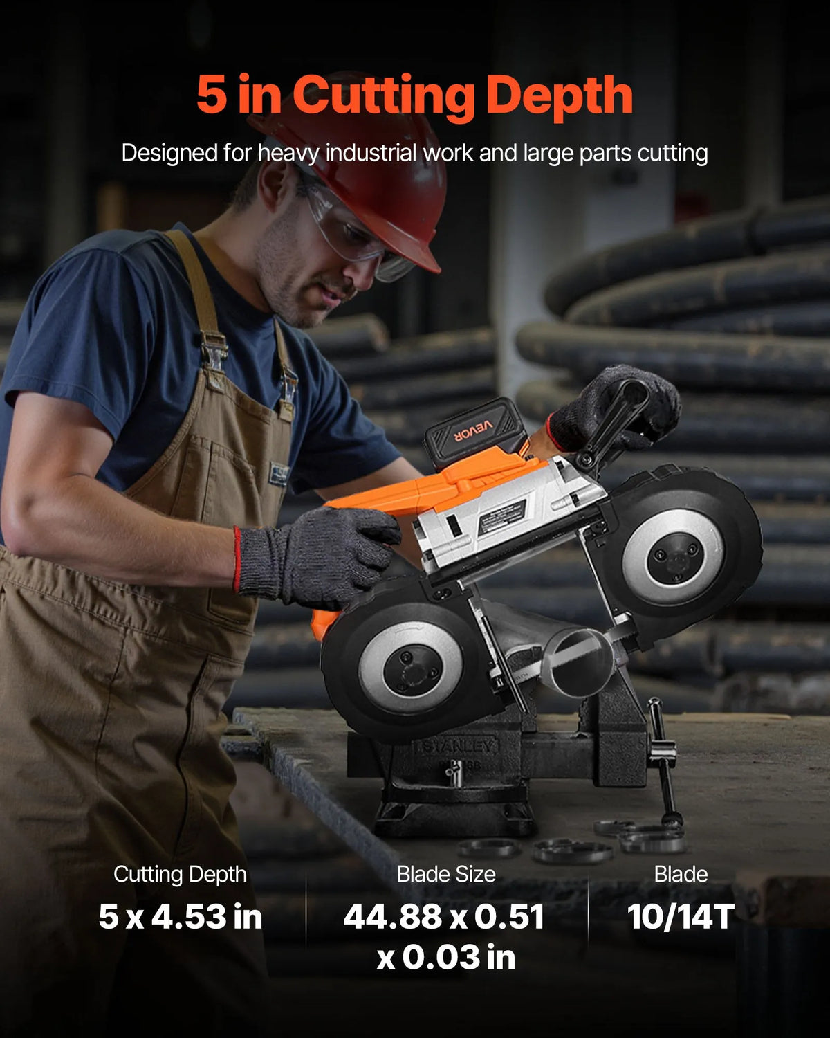 VEVOR 20 V portatīvā lentzāģa komplekts, griešanas dziļums 127 × 115 mm, 360 W bezsuku motors, 4,0 Ah akumulators, kompakts bezvadu portatīvais lentzāģis ar regulējamu ātrumu 0–120 m/min, paredzēts metāla un koka griešanai - ZEMLETES.LV