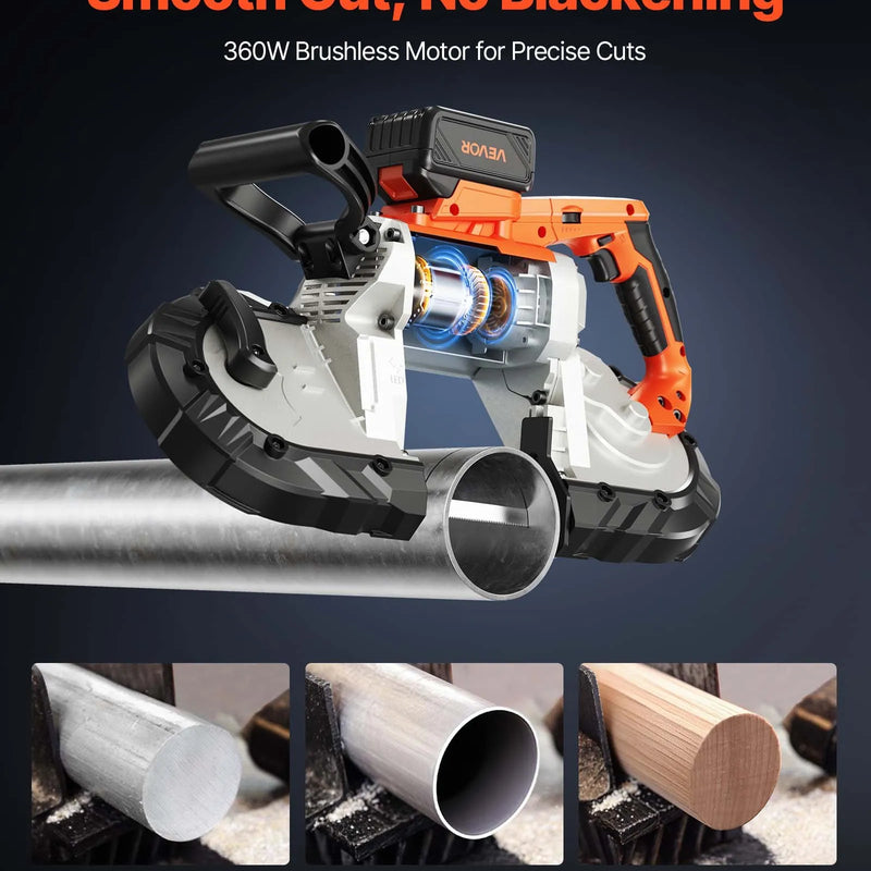 VEVOR 20 V portatīvā lentzāģa komplekts, griešanas dziļums 127 × 115 mm, 360 W bezsuku motors, 4,0 Ah akumulators, kompakts bezvadu portatīvais lentzāģis ar regulējamu ātrumu 0–120 m/min, paredzēts metāla un koka griešanai