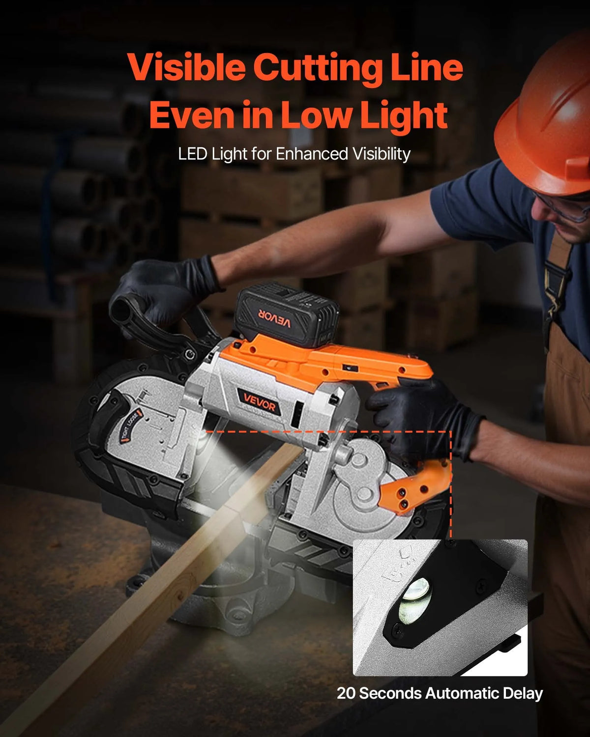 VEVOR 20 V portatīvā lentzāģa komplekts, griešanas dziļums 127 × 115 mm, 360 W bezsuku motors, 4,0 Ah akumulators, kompakts bezvadu portatīvais lentzāģis ar regulējamu ātrumu 0–120 m/min, paredzēts metāla un koka griešanai - ZEMLETES.LV