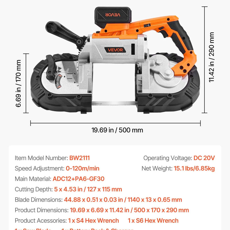 VEVOR 20 V portatīvā lentzāģa komplekts, griešanas dziļums 127 × 115 mm, 360 W bezsuku motors, 4,0 Ah akumulators, kompakts bezvadu portatīvais lentzāģis ar regulējamu ātrumu 0–120 m/min, paredzēts metāla un koka griešanai