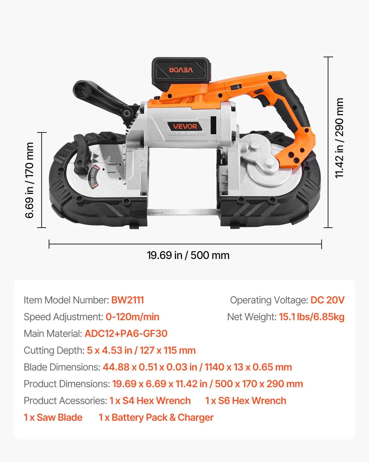 VEVOR 20 V portatīvā lentzāģa komplekts, griešanas dziļums 127 × 115 mm, 360 W bezsuku motors, 4,0 Ah akumulators, kompakts bezvadu portatīvais lentzāģis ar regulējamu ātrumu 0–120 m/min, paredzēts metāla un koka griešanai - ZEMLETES.LV