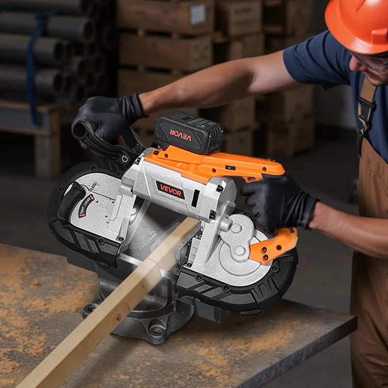 VEVOR 20 V portatīvā lentzāģa komplekts, griešanas dziļums 127 × 115 mm, 360 W bezsuku motors, 4,0 Ah akumulators, kompakts bezvadu portatīvais lentzāģis ar regulējamu ātrumu 0–120 m/min, paredzēts metāla un koka griešanai