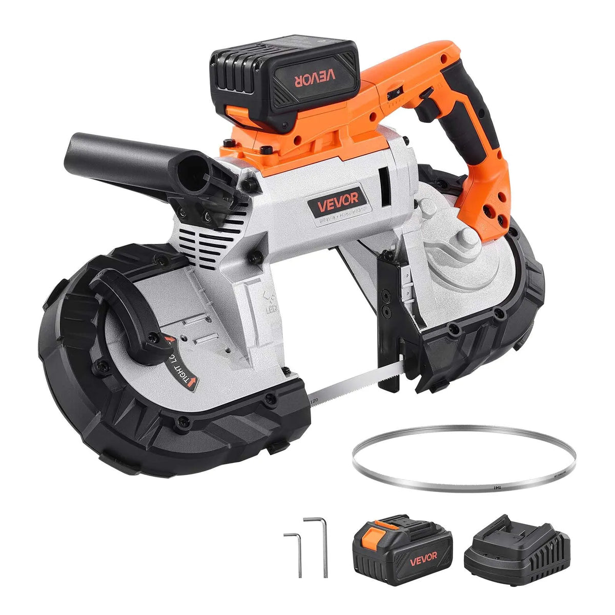 VEVOR 20 V portatīvā lentzāģa komplekts, griešanas dziļums 127 × 115 mm, 360 W bezsuku motors, 4,0 Ah akumulators, kompakts bezvadu portatīvais lentzāģis ar regulējamu ātrumu 0–120 m/min, paredzēts metāla un koka griešanai - ZEMLETES.LV