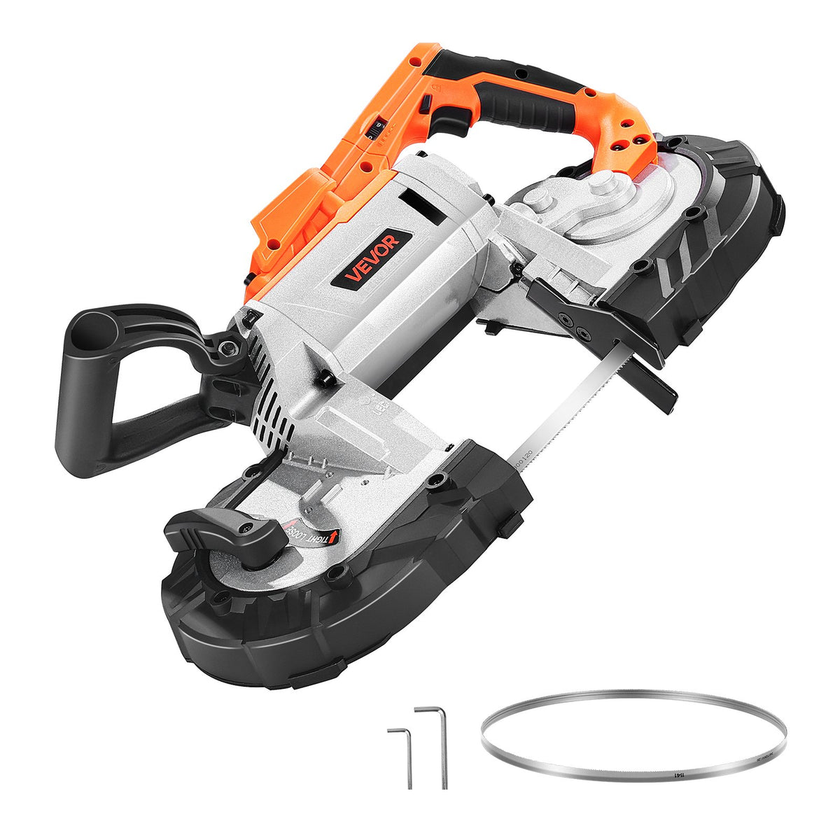 VEVOR portatīvais lentzāģis, griešanas dziļums 127 × 115 mm, 360 W bezsuku motors, kompakts bezvadu portatīvais lentzāģis ar piekāršanas āķiem un regulējamu ātrumu 0–120 m/min, paredzēts metāla un koka griešanai, bez akumulatora un lādētāja - ZEMLETES.LV
