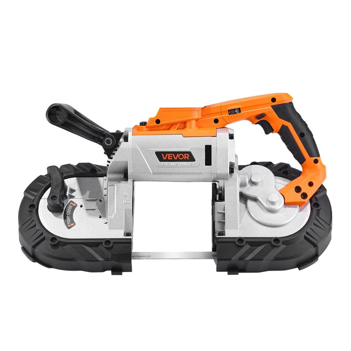 VEVOR portatīvais lentzāģis, griešanas dziļums 127 × 115 mm, 360 W bezsuku motors, kompakts bezvadu portatīvais lentzāģis ar piekāršanas āķiem un regulējamu ātrumu 0–120 m/min, paredzēts metāla un koka griešanai, bez akumulatora un lādētāja - ZEMLETES.LV