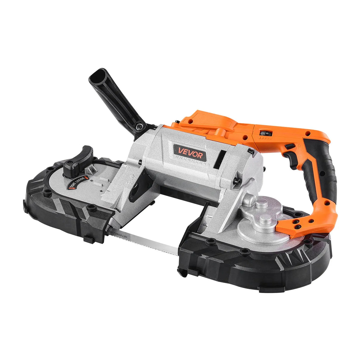 VEVOR portatīvais lentzāģis, griešanas dziļums 127 × 115 mm, 360 W bezsuku motors, kompakts bezvadu portatīvais lentzāģis ar piekāršanas āķiem un regulējamu ātrumu 0–120 m/min, paredzēts metāla un koka griešanai, bez akumulatora un lādētāja - ZEMLETES.LV