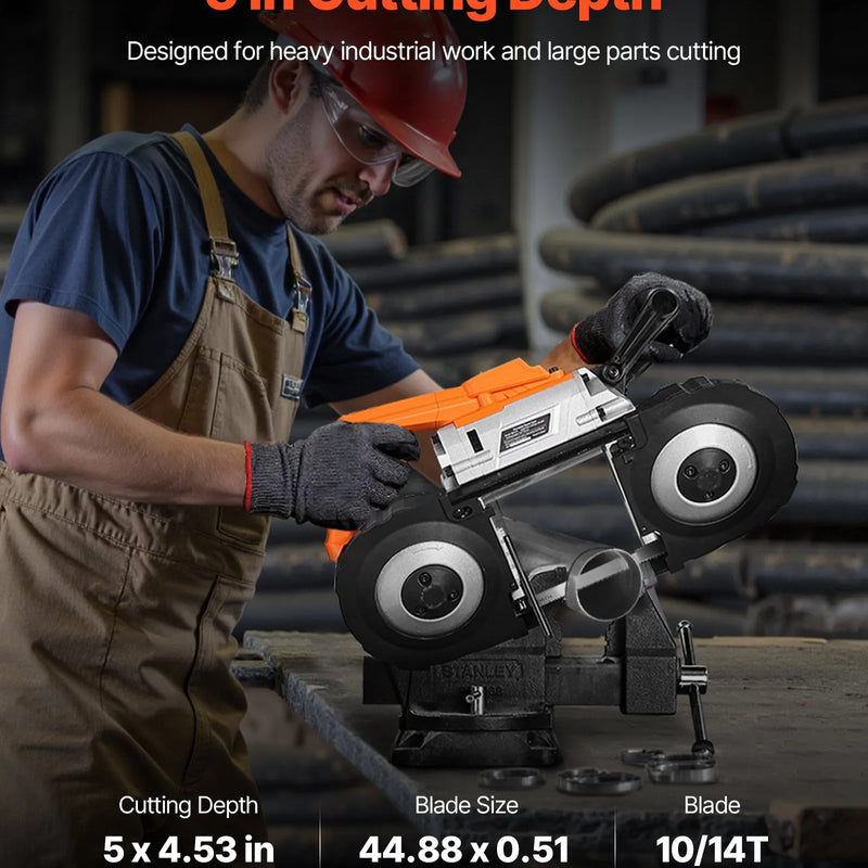 VEVOR portatīvais lentzāģis, griešanas dziļums 127 × 115 mm, 360 W bezsuku motors, kompakts bezvadu portatīvais lentzāģis ar piekāršanas āķiem un regulējamu ātrumu 0–120 m/min, paredzēts metāla un koka griešanai, bez akumulatora un lādētāja