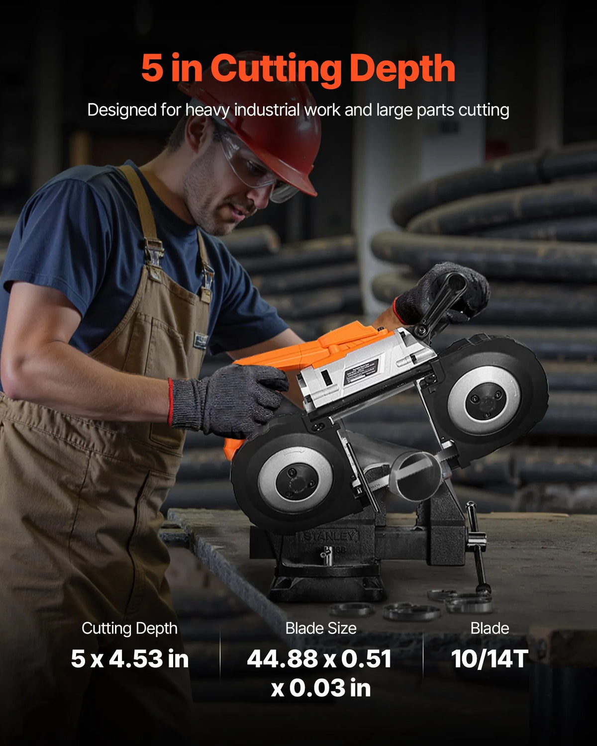 VEVOR portatīvais lentzāģis, griešanas dziļums 127 × 115 mm, 360 W bezsuku motors, kompakts bezvadu portatīvais lentzāģis ar piekāršanas āķiem un regulējamu ātrumu 0–120 m/min, paredzēts metāla un koka griešanai, bez akumulatora un lādētāja - ZEMLETES.LV