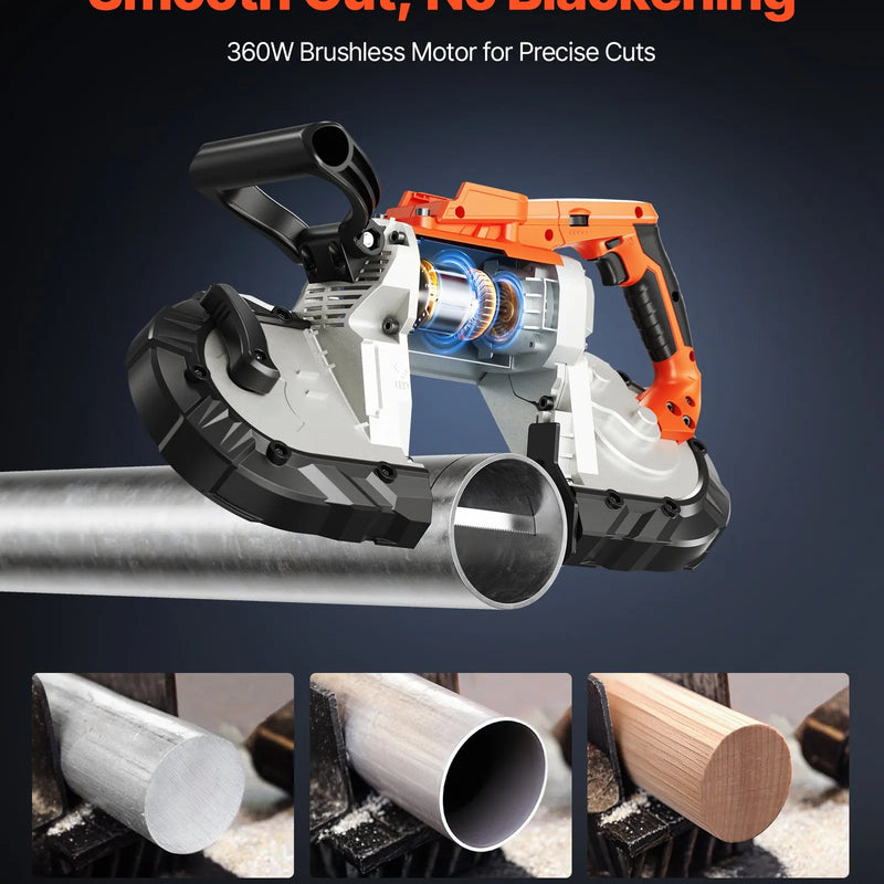 VEVOR portatīvais lentzāģis, griešanas dziļums 127 × 115 mm, 360 W bezsuku motors, kompakts bezvadu portatīvais lentzāģis ar piekāršanas āķiem un regulējamu ātrumu 0–120 m/min, paredzēts metāla un koka griešanai, bez akumulatora un lādētāja