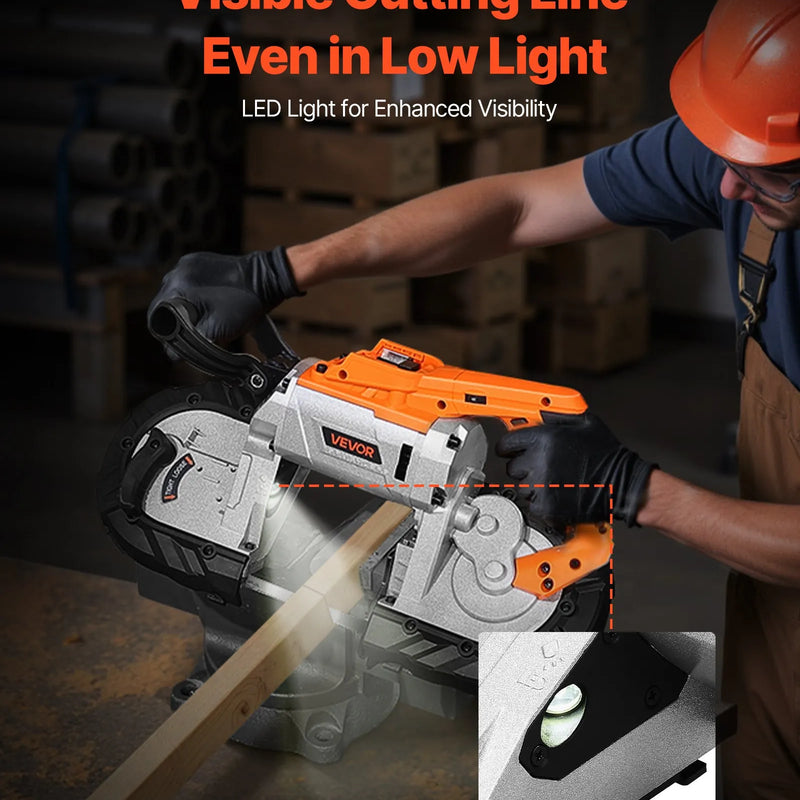 VEVOR portatīvais lentzāģis, griešanas dziļums 127 × 115 mm, 360 W bezsuku motors, kompakts bezvadu portatīvais lentzāģis ar piekāršanas āķiem un regulējamu ātrumu 0–120 m/min, paredzēts metāla un koka griešanai, bez akumulatora un lādētāja