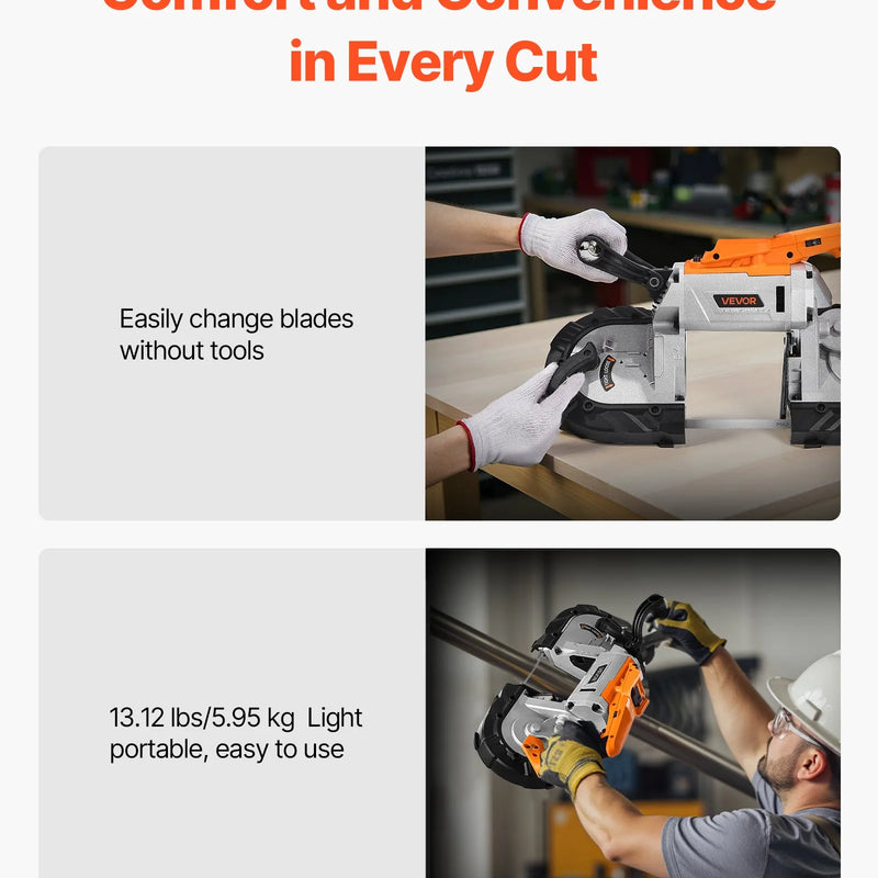 VEVOR portatīvais lentzāģis, griešanas dziļums 127 × 115 mm, 360 W bezsuku motors, kompakts bezvadu portatīvais lentzāģis ar piekāršanas āķiem un regulējamu ātrumu 0–120 m/min, paredzēts metāla un koka griešanai, bez akumulatora un lādētāja