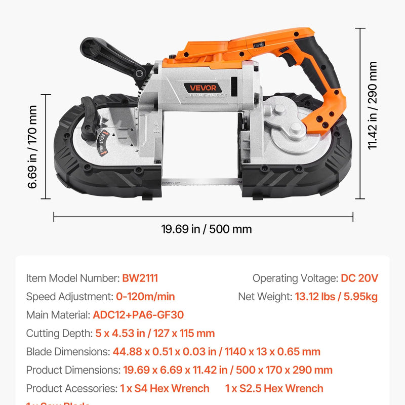 VEVOR portatīvais lentzāģis, griešanas dziļums 127 × 115 mm, 360 W bezsuku motors, kompakts bezvadu portatīvais lentzāģis ar piekāršanas āķiem un regulējamu ātrumu 0–120 m/min, paredzēts metāla un koka griešanai, bez akumulatora un lādētāja