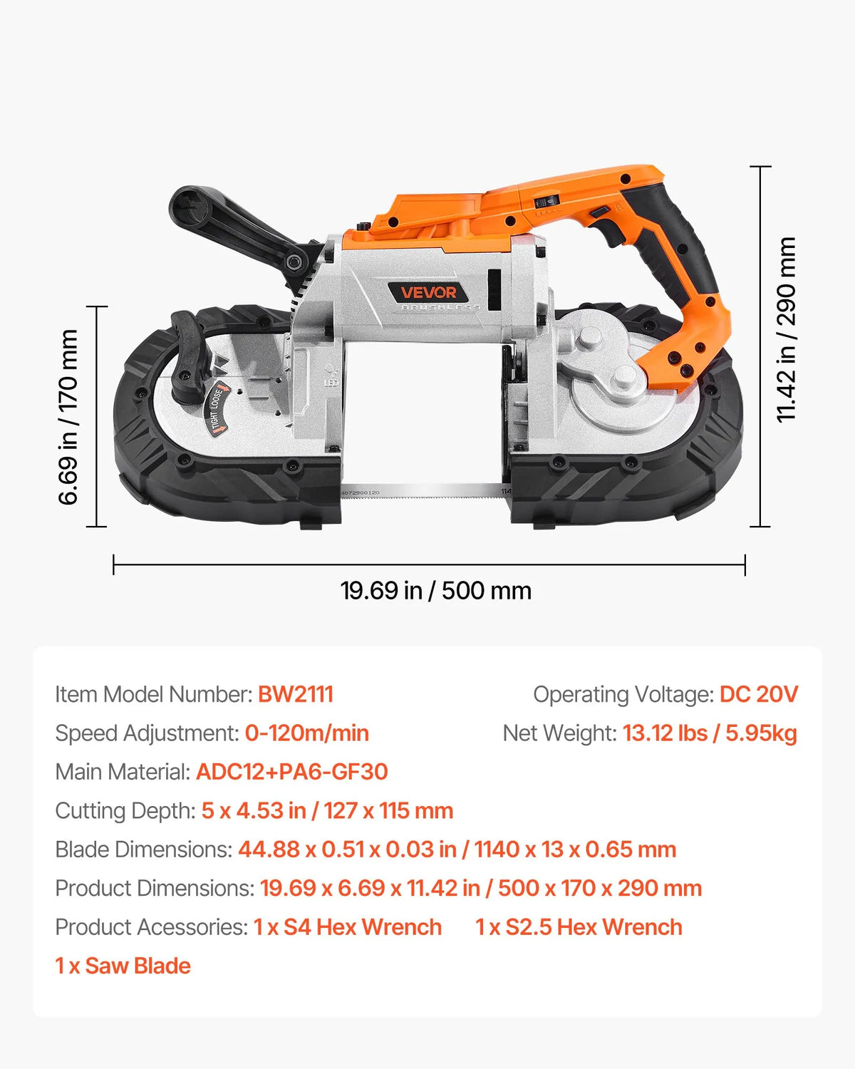 VEVOR portatīvais lentzāģis, griešanas dziļums 127 × 115 mm, 360 W bezsuku motors, kompakts bezvadu portatīvais lentzāģis ar piekāršanas āķiem un regulējamu ātrumu 0–120 m/min, paredzēts metāla un koka griešanai, bez akumulatora un lādētāja - ZEMLETES.LV