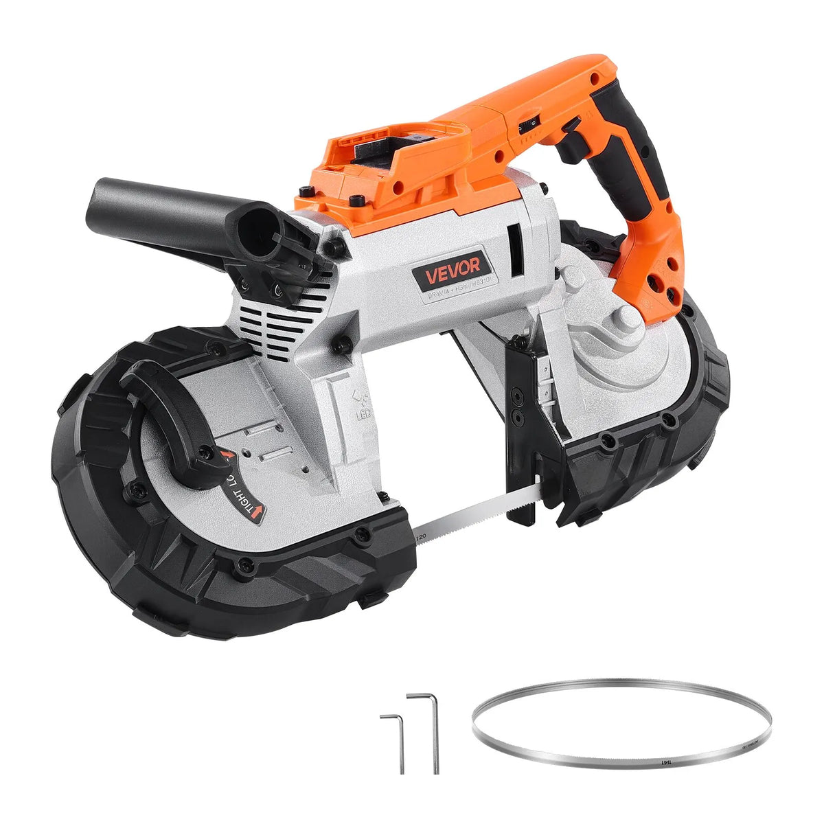 VEVOR portatīvais lentzāģis, griešanas dziļums 127 × 115 mm, 360 W bezsuku motors, kompakts bezvadu portatīvais lentzāģis ar piekāršanas āķiem un regulējamu ātrumu 0–120 m/min, paredzēts metāla un koka griešanai, bez akumulatora un lādētāja - ZEMLETES.LV