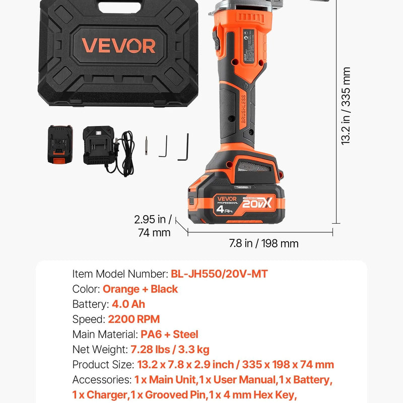 VEVOR bezvadu metāla šķēres (nibleris) ar 20 V 4000 mAh akumulatoru, bezsuku motors 2200 apgr./min, elektriska metāla griezējierīce tērauda un alumīnija loksnēm, komplektā plastmasas koferis