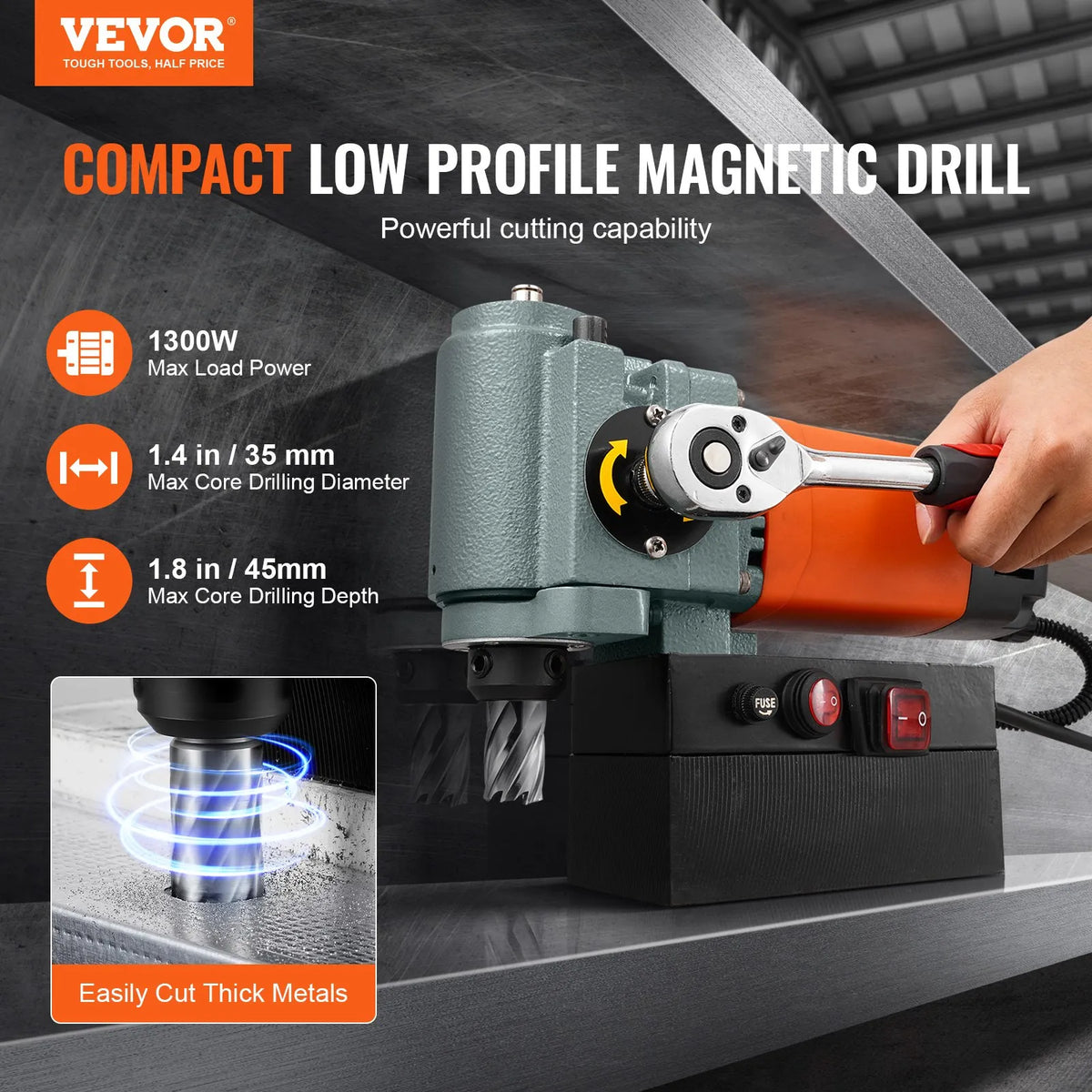VEVOR Low Profile Magnetic Drill, 1300 W, Portable Magnetic Drill with Cooling System and Overload Protection, Suitable for Equipment Installation and Industrial Work