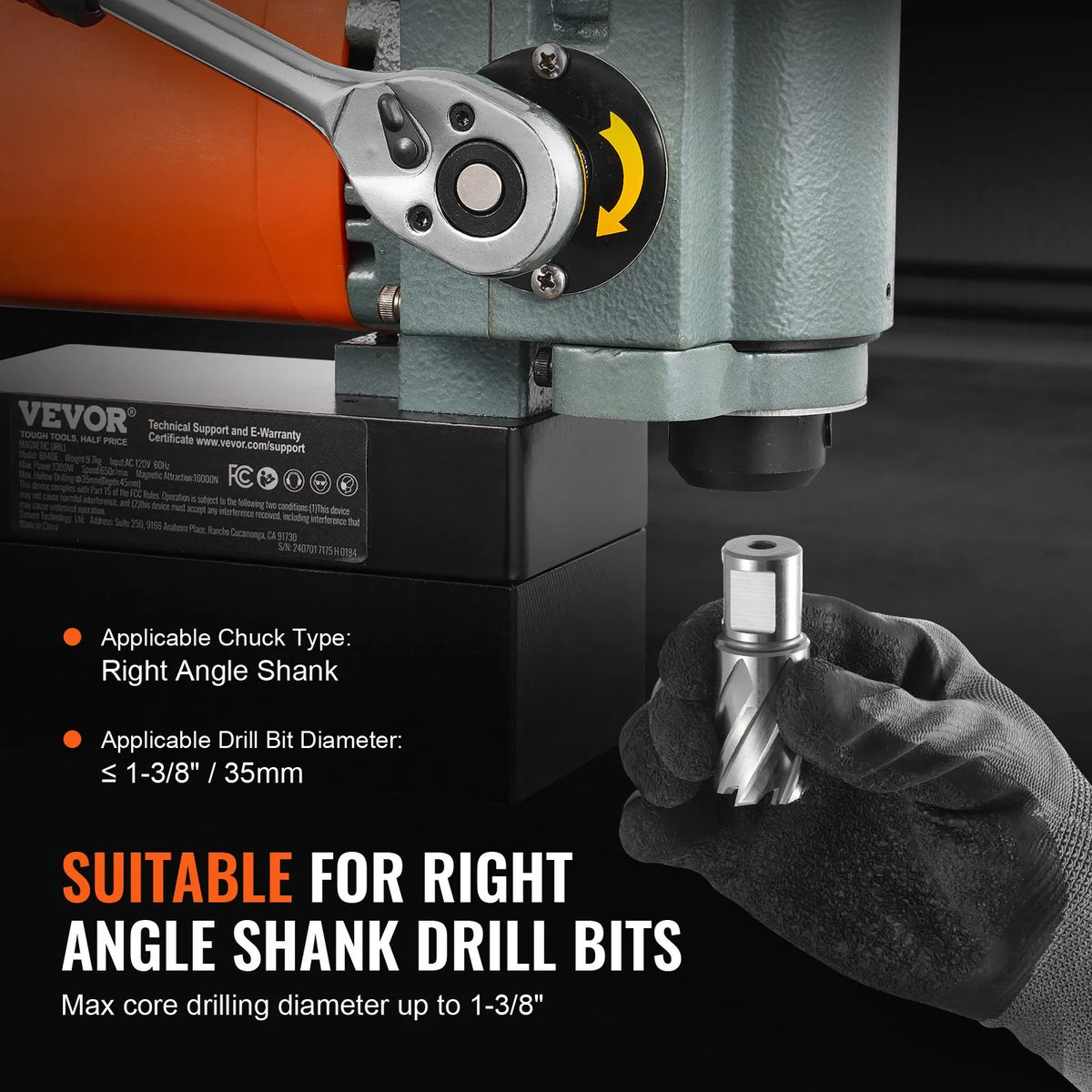 VEVOR Low Profile Magnetic Drill, 1300 W, Portable Magnetic Drill with Cooling System and Overload Protection, Suitable for Equipment Installation and Industrial Work