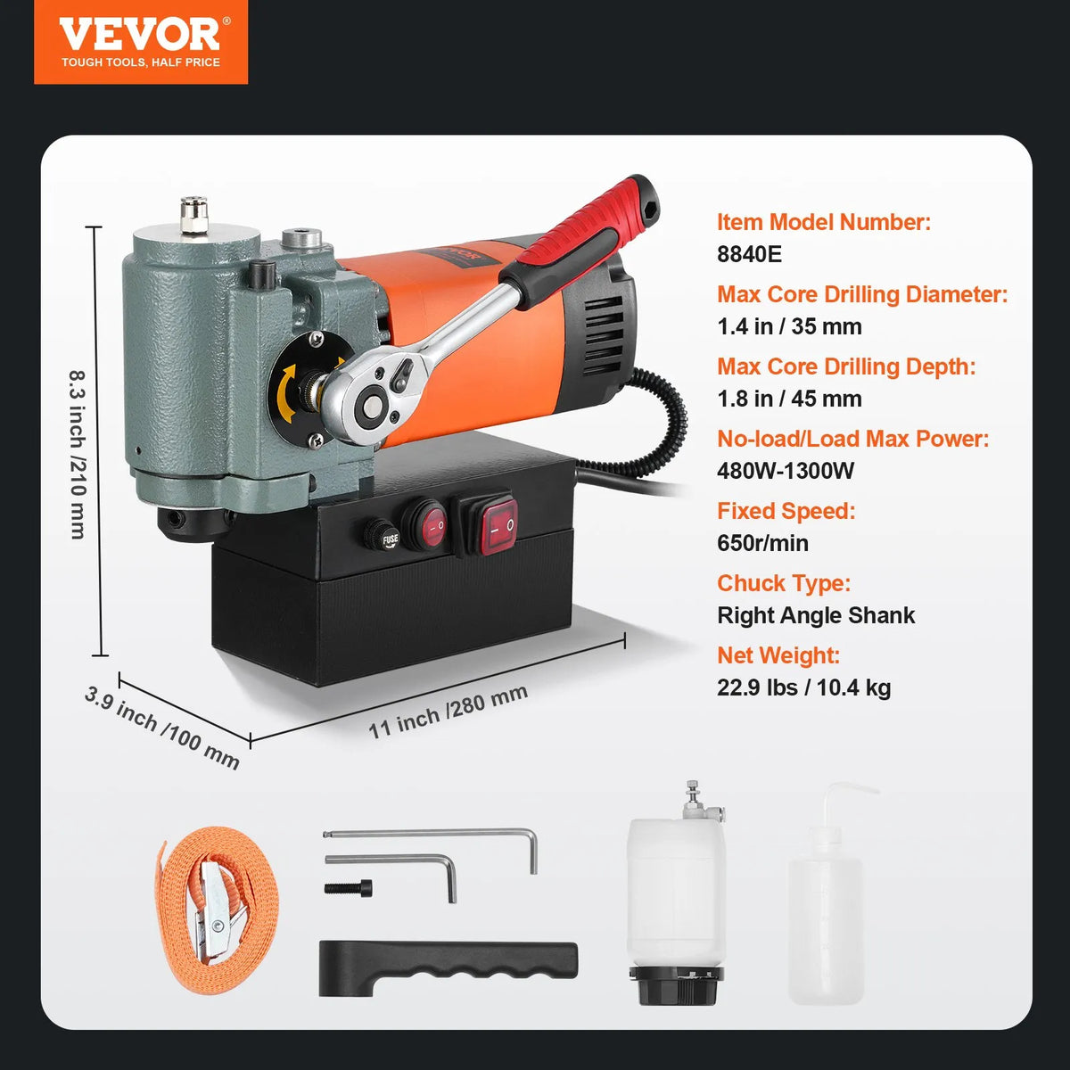 VEVOR Low Profile Magnetic Drill, 1300 W, Portable Magnetic Drill with Cooling System and Overload Protection, Suitable for Equipment Installation and Industrial Work