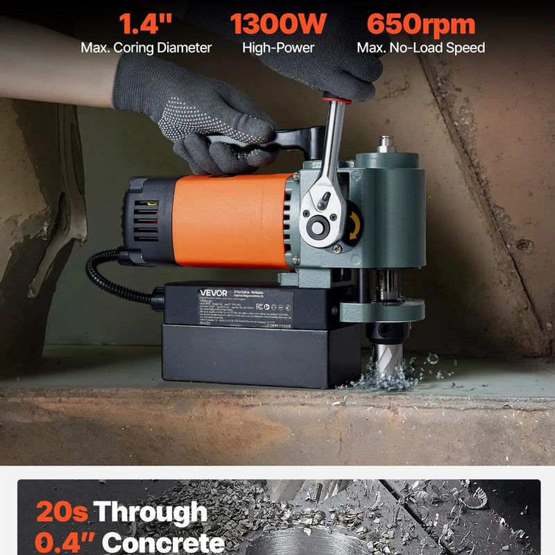 VEVOR zema profila magnētiskā urbjmašīna, 1300 W, Ø35 mm urbšanas diametrs, 10000 N magnētiskā pievilkšanas jauda, pārnēsājama magnētiskā urbjmašīna ar 650 apgr./min ātrumu un Weldon kātu, metāla virsmām, rūpniecības un mājas darbiem