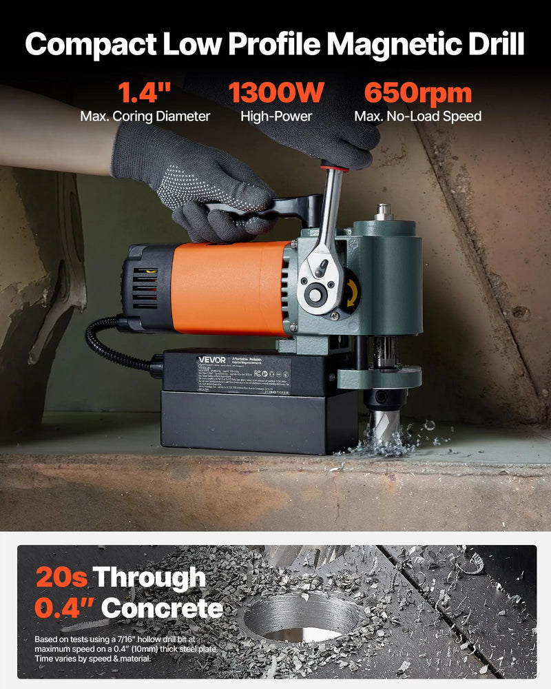 VEVOR zema profila magnētiskā urbjmašīna, 1300 W, Ø35 mm urbšanas diametrs, 10000 N magnētiskā pievilkšanas jauda, pārnēsājama magnētiskā urbjmašīna ar 650 apgr./min ātrumu un Weldon kātu, metāla virsmām, rūpniecības un mājas darbiem