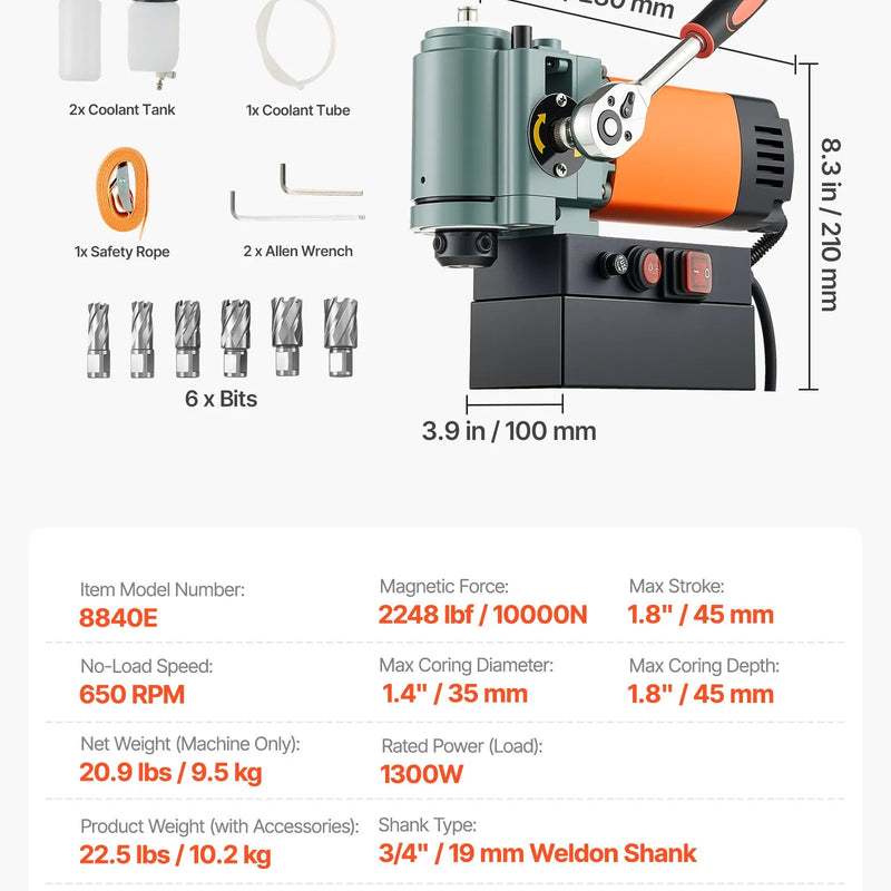 VEVOR zema profila magnētiskā urbjmašīna, 1300 W, Ø35 mm urbšanas diametrs, 10000 N magnētiskā pievilkšanas jauda, pārnēsājama magnētiskā urbjmašīna ar 650 apgr./min ātrumu un Weldon kātu, metāla virsmām, rūpniecības un mājas darbiem